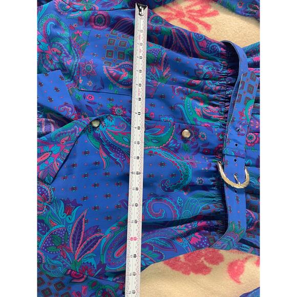 Vtg 70s - 80s Schrader long sleeve paisley belted dress SZ 10 pleated retro midi - Picture 7 of 9